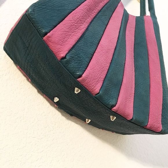 Big Leather Designer Bag, Vertical Stripe Panels - Picture 4 of 8